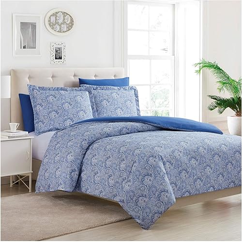 Mellanni Duvet Cover Queen Set 5pcs - Soft Bedding, 2 Shams and 2 Pillowcases - Button Closure and Corner Ties - Wrinkle, Fade, Stain Resistant (Full/Queen, Paisley Blue)