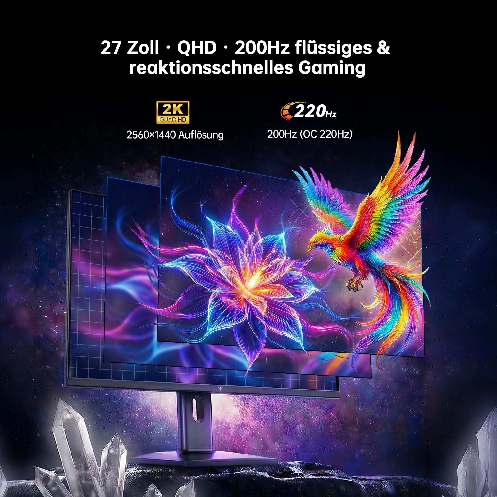 KTC Gaming Monitor 27 Zoll, QHD 2560×1440, 200Hz (OC 210Hz), Fast IPS, 1ms Reaktionszeit, HDR400, Adaptive Sync, 10-Bit Farbe, Höhenverstellbarer Stand, 2×DP 1.4, 2×HDMI 2