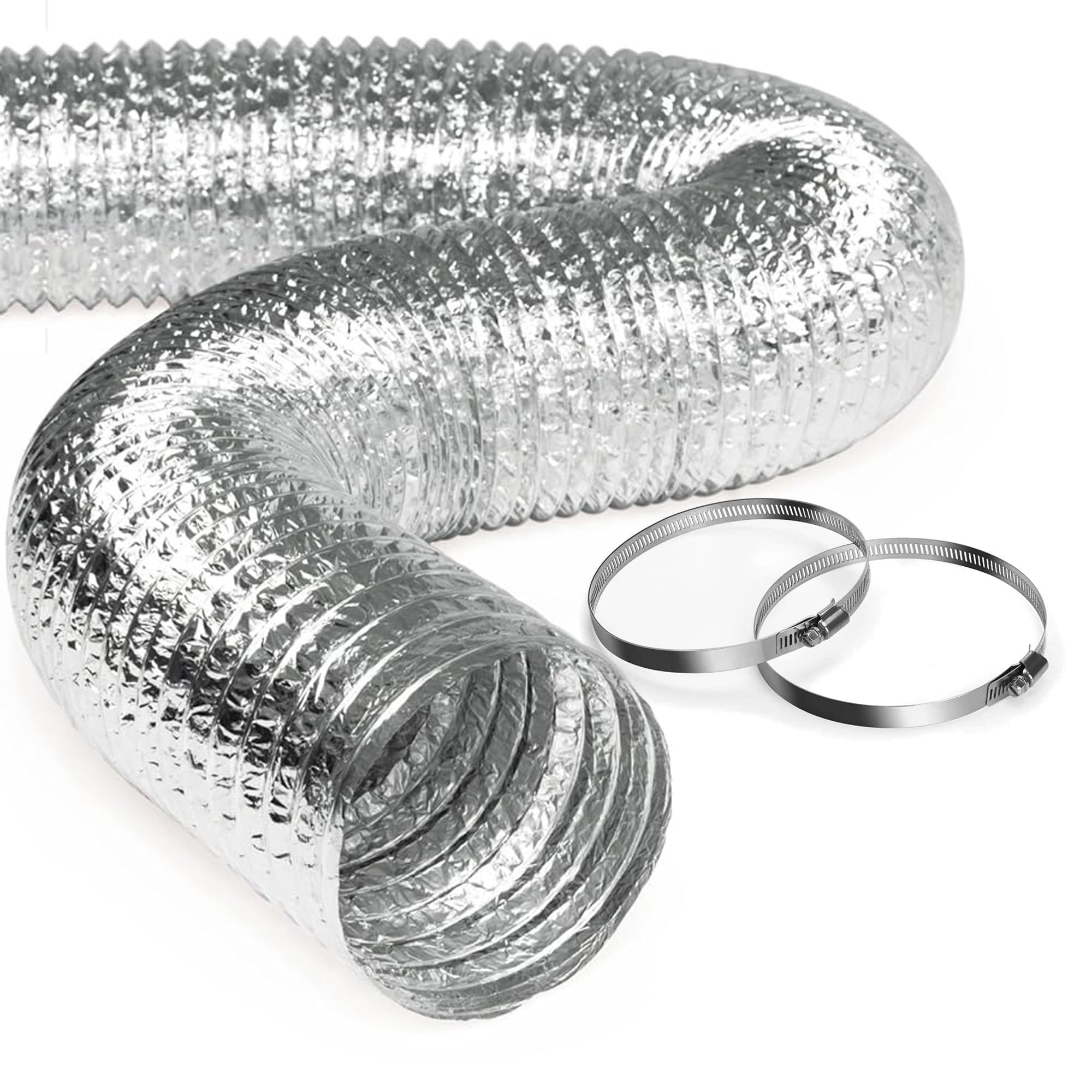 10m Long Flexible Aluminium Ducting and 3 Jubilee Clips Worm Drive, Tumble Dryer Hose AC Extension 152mm Dia. (6 inch Dia.) Bathroom Fan Kitchen Extractor Wide Application