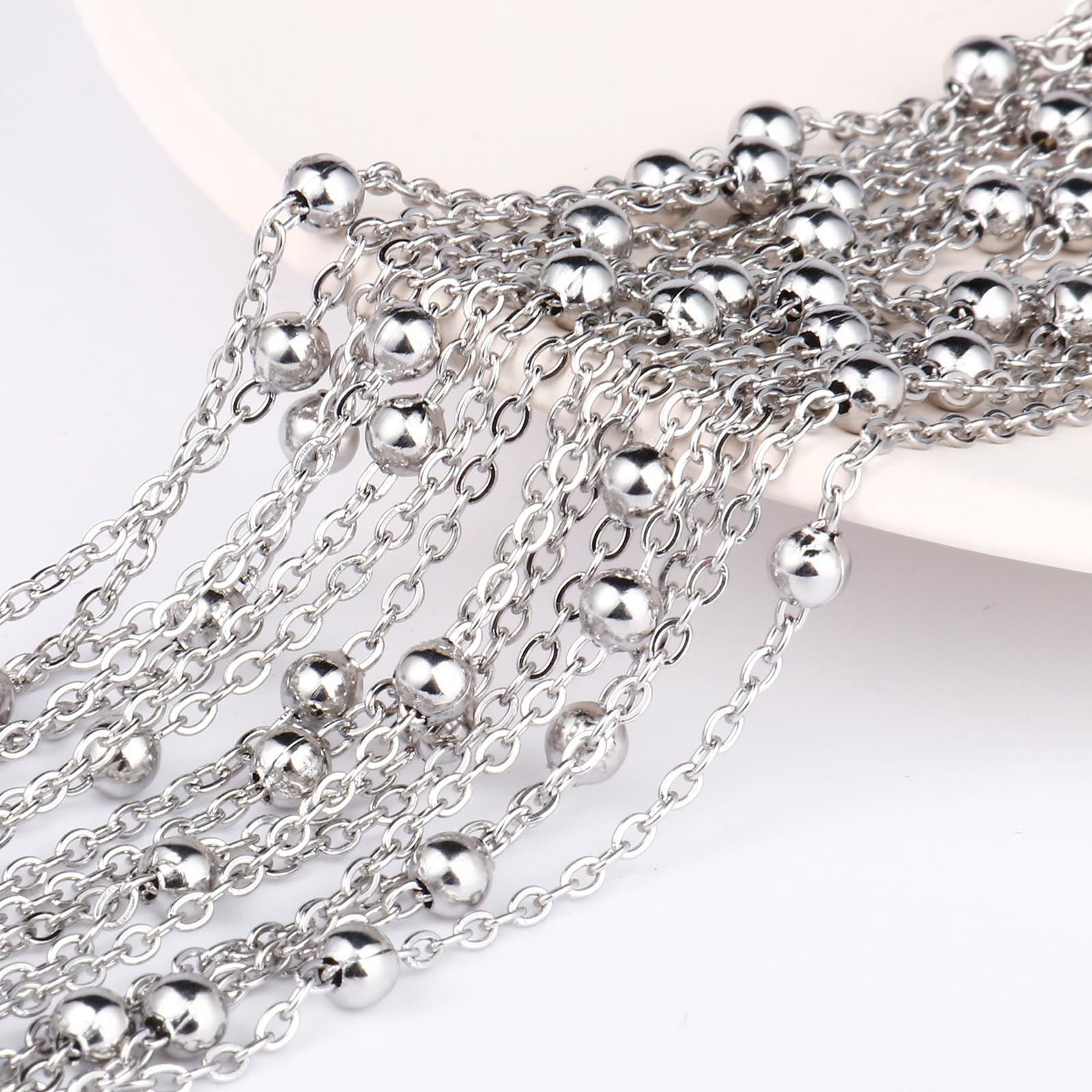 33 Feet Stainless Steel Satellite Bead Chains Roll, 2mm 304 Stainless Steel Ball Beaded Cable Link Chains Spool Bulk for Jewelry Making DIY Craft