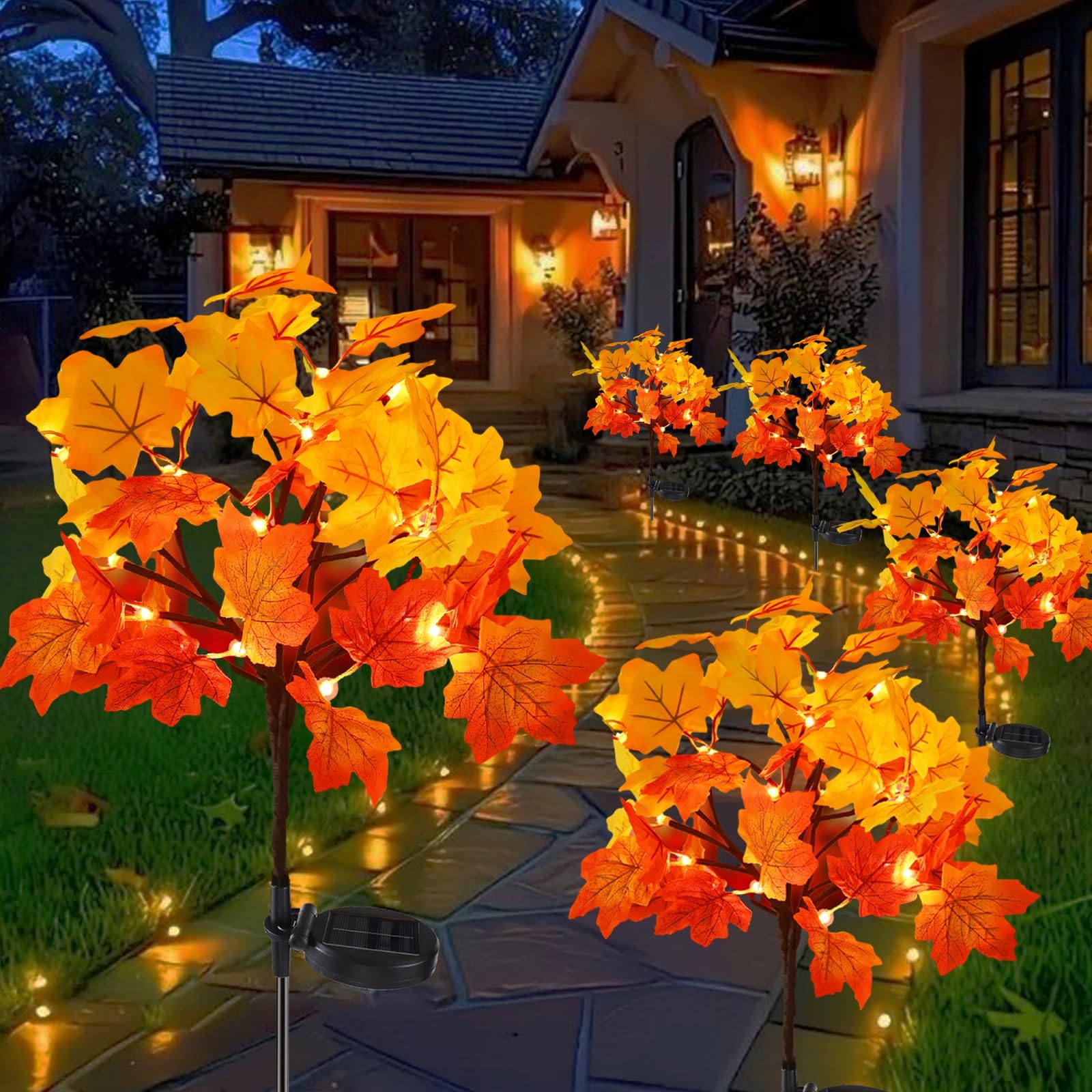 Photo 1 of 4Pack Fall Solar Lights Outdoor Waterproof,80LED 160 Maple Leaves Solar Garden Lights Outside, Autumn Artificial Tree Pathway Lights for Patio,Halloween,Thanksgiving,Fall Decoration