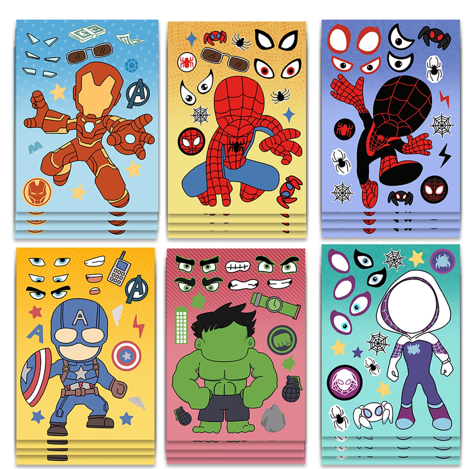 Photo 1 of 24 Sheets Cute Superhero Stickers for Kids Make Your Own Movie Sticker Make a Face Stickers for Teens Girls Boys, Classroom Rewards Movies Themed Art Craft Party Supplies (Superhero)