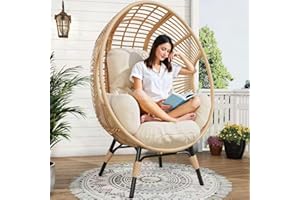 LUTINLIX Oversized Wicker Egg Chair Outdoor Indoor,Patio Lounge Chair with Thicken Cushions, Egg Basket Chair 500lbs Capacity for Garden, Backyard, Porch,Bedroom (Beige-Regular, 1pcs)
