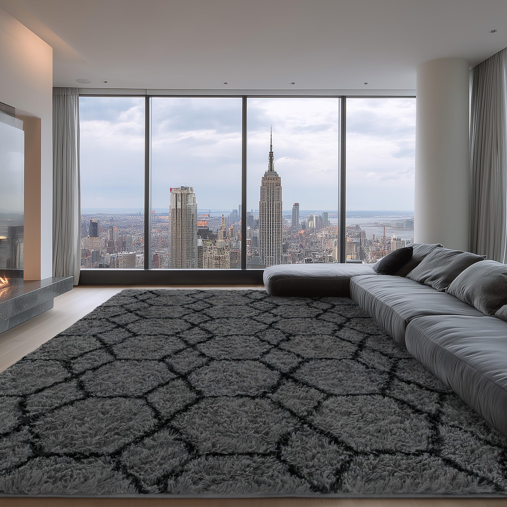 Photo 1 of ARKIIKI Large Rugs for Living Room, 8x10 Fluffy Grey and Black Bedroom Area Rug, Shag Geometric Soft Fuzzy Carpets Big Kids Room Rug, Non-Slip Plush Modern Rug for Office Home Decor Aesthetic