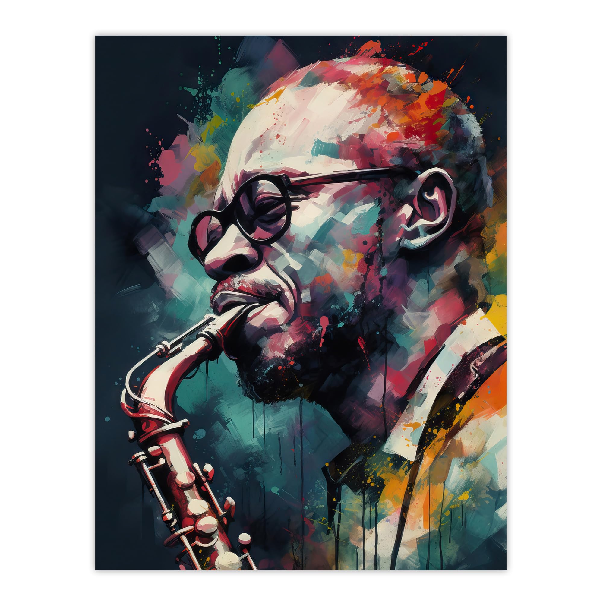 Artery8 Saxophone Player Playing Music Acrylic Painting Blue Pink Yellow Jazz Musician Portrait Unframed Wall Art Print Poster Home Decor Premium