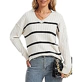 LUXEBOLD Women's V Neck Sweaters Casual Long Sleeve Knitted Pullover Tops Striped Light Weight Shirts Fall Fashion Outfits