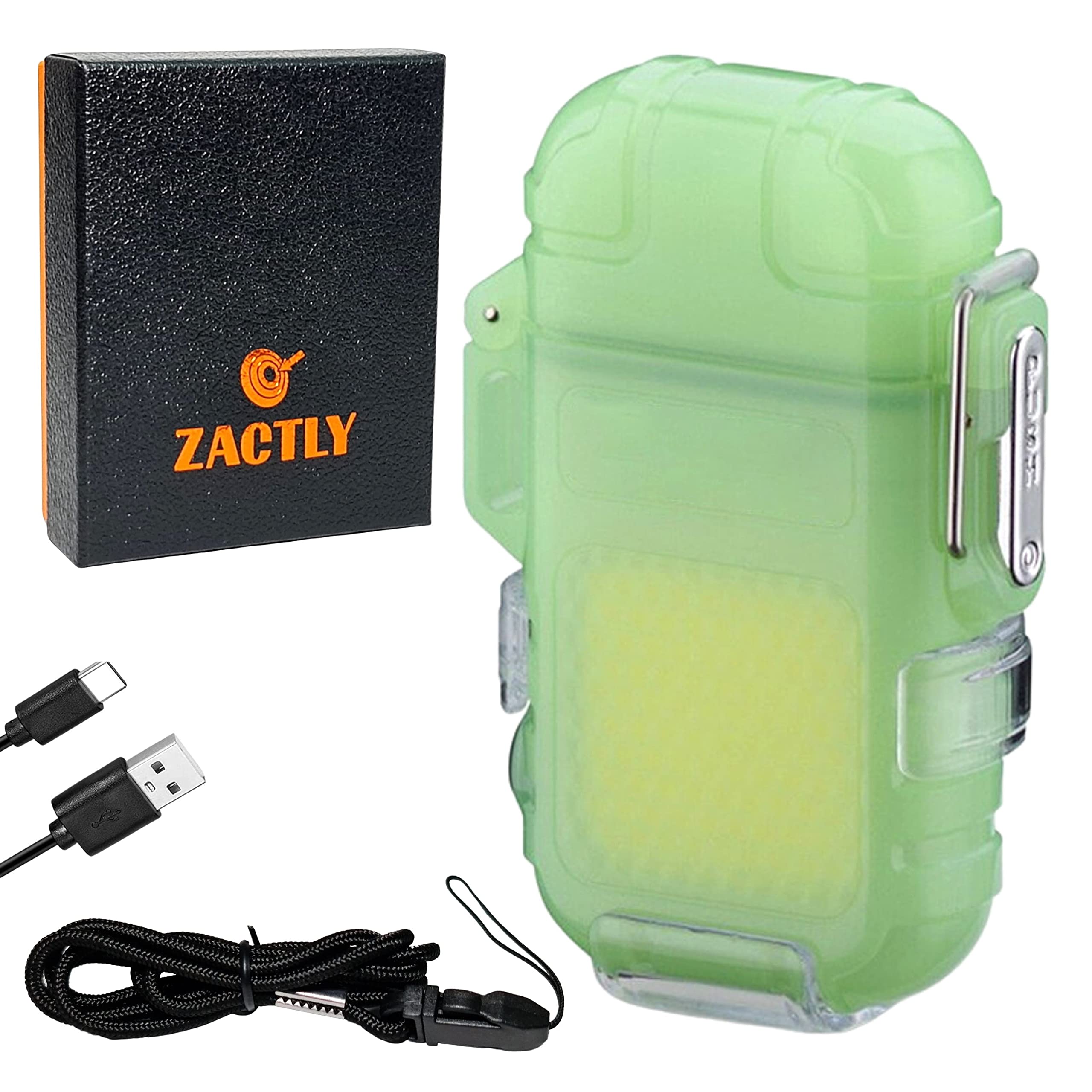 Zactly AL10 Transparent Electric Lighter Dual Arc Multifunction USB Type-C Rechargeable Waterproof Windproof Dustproof, Led Light, Whistle & Lanyard, Camping, Outdoor Survival Tool (Fluorescent Green)