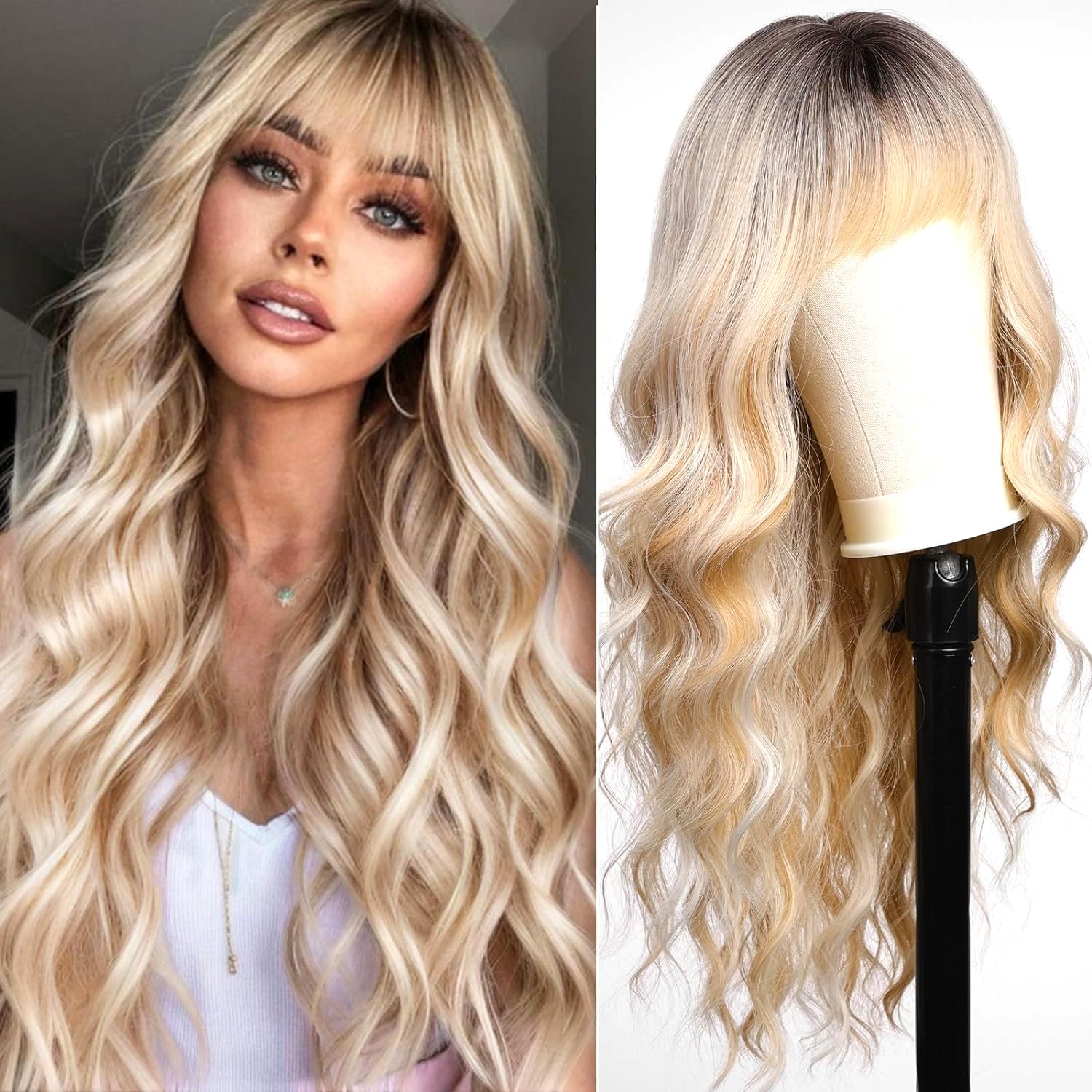 PORSMEER Long Wavy Curly Ombre Blonde Wigs with Fringe for Women Natural Synthetic Hair Heat Resistant Wigs for Ladies Daily Party Cosplay Wear-26 Inches,Blonde with Dark Roots
