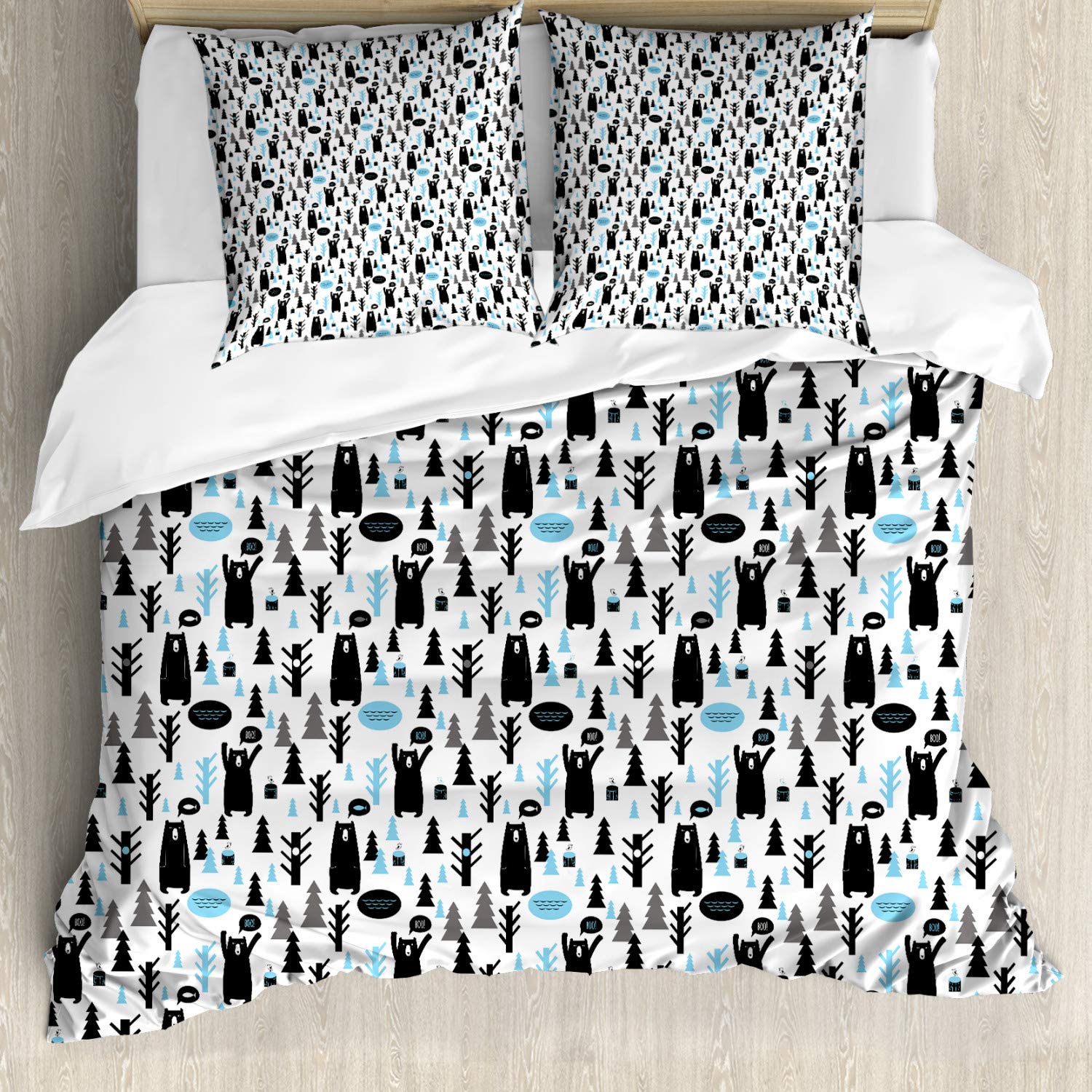 ABAKUHAUS Bear Duvet Cover Set, Modern Joyful Cartoon Style Pattern with Forest Animals and Christmas Trees, Bedding Set 3 Pieces with 2 Pillow Shams, 200 cm x 200 cm, Pale Blue Black White — image 1