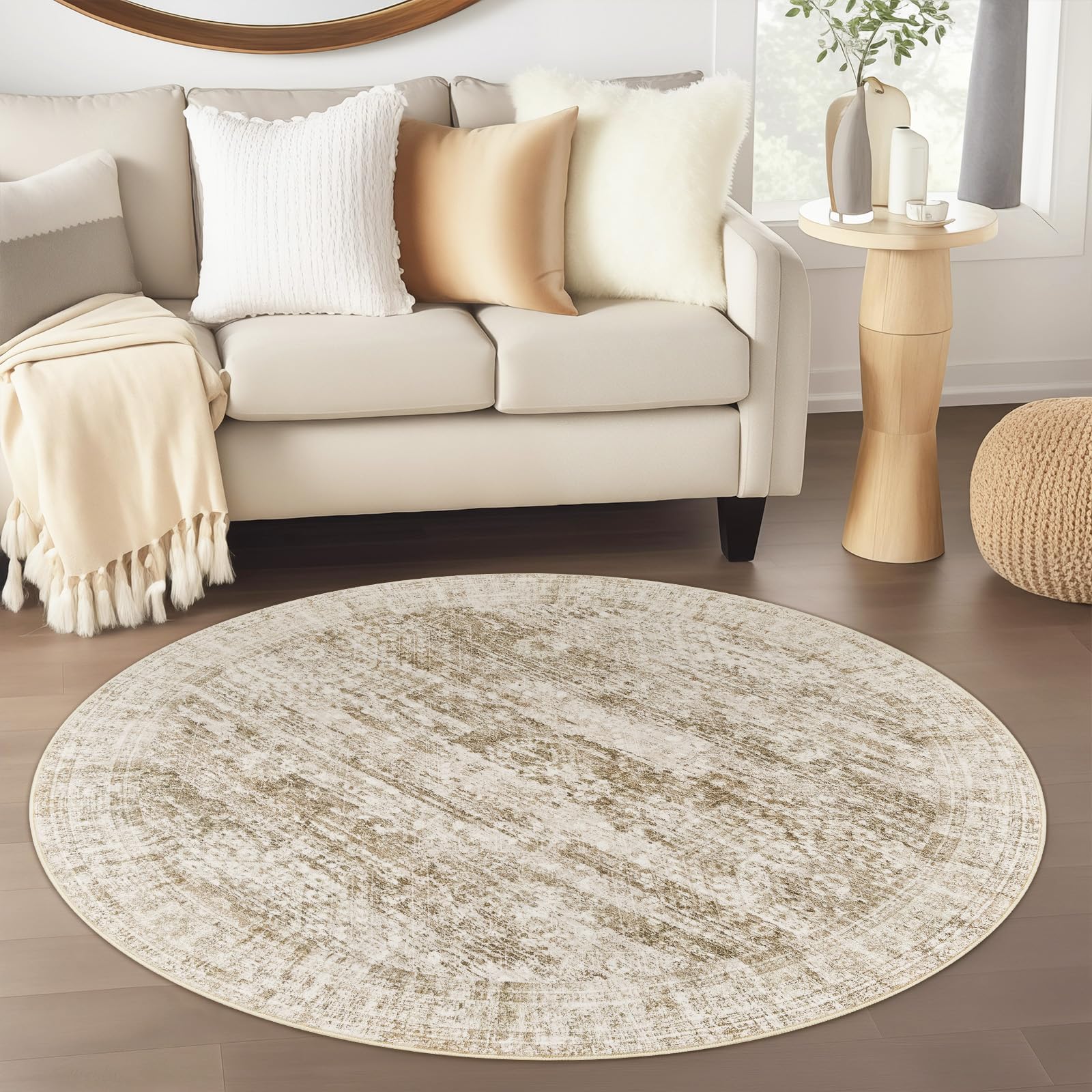 Photo 1 of Soalmost 4x4 Brown Round Rug 4ft Entryway Rug Vintage Round Area Rug Non-Slip Indoor Carpet for Living Room Dining Room Bedroom