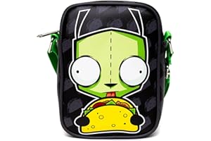 BUCKLE-DOWN Nickelodeon Bag, Crossbody, Invader Zim GIR Taco Pose With Taco Print Black Gray, Vegan Leather