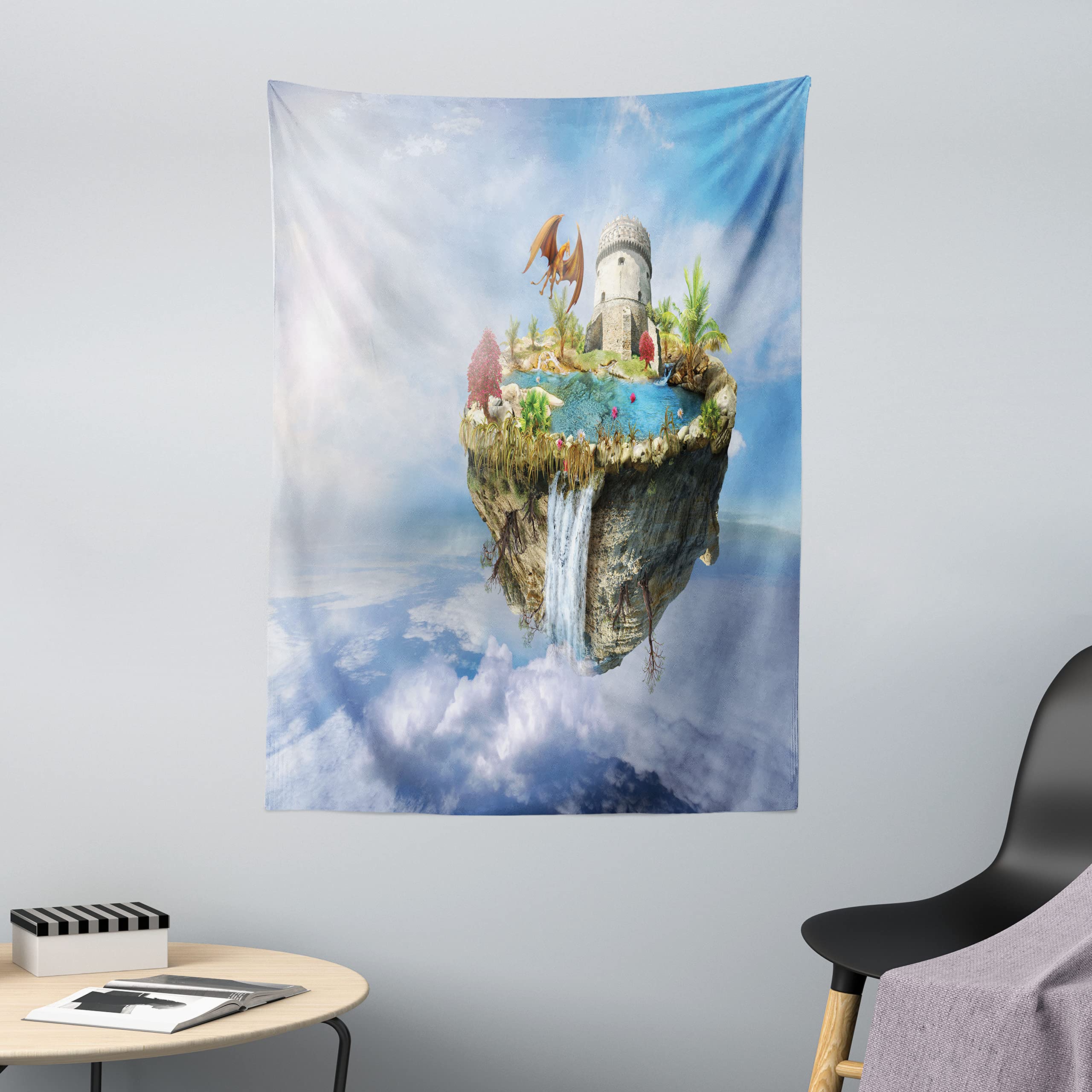 ABAKUHAUS Fantasy Tapestry, Island with Dragon Castle Tower Waterfall and Flipped Mountain In Space Image, Fabric Wall Hanging Decor for Bedroom Living Room Dorm, 43 W X 58 L, Green and Blue