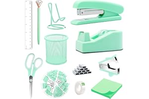 FAMASSI Green Office Supplies, Green Desk Accessories, Stapler, Staple Remover, Tape Holder, Pen Holder, Ballpoint Pen, Scissor, Binder Clips, 1000pcs Staples, Phone Holder, Ruler, Transparent Glue and Notes