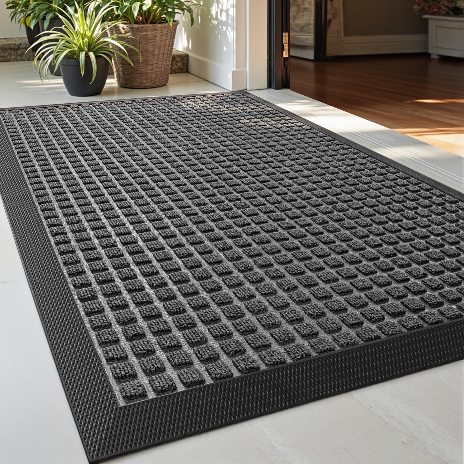 DEXI Front Door Mat Outside Entrance, Rubber Entry Doormat Heavy Duty, Welcome Mats Non Slip for Inside House Floor Entryway Back Doors Exterior Patio, 17x29 Squares Grey