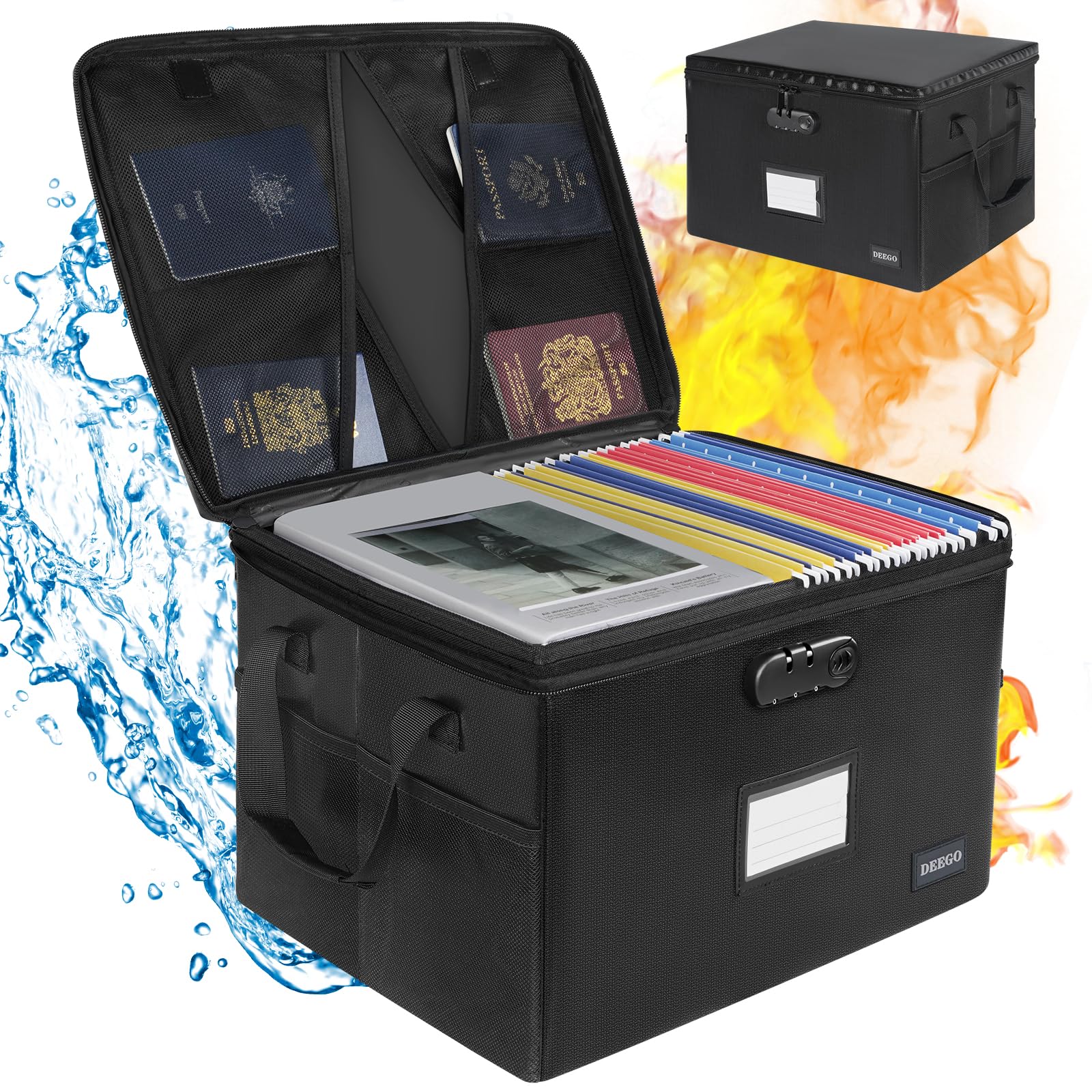 Photo 1 of DEEGO Fireproof Document Box, Water-Resistant File Organizer Box with Lock, Portable File Box with Handle Document Safe Collapsible File Cabinets for Home Office for Hanging Letter/Legal Folder, Black