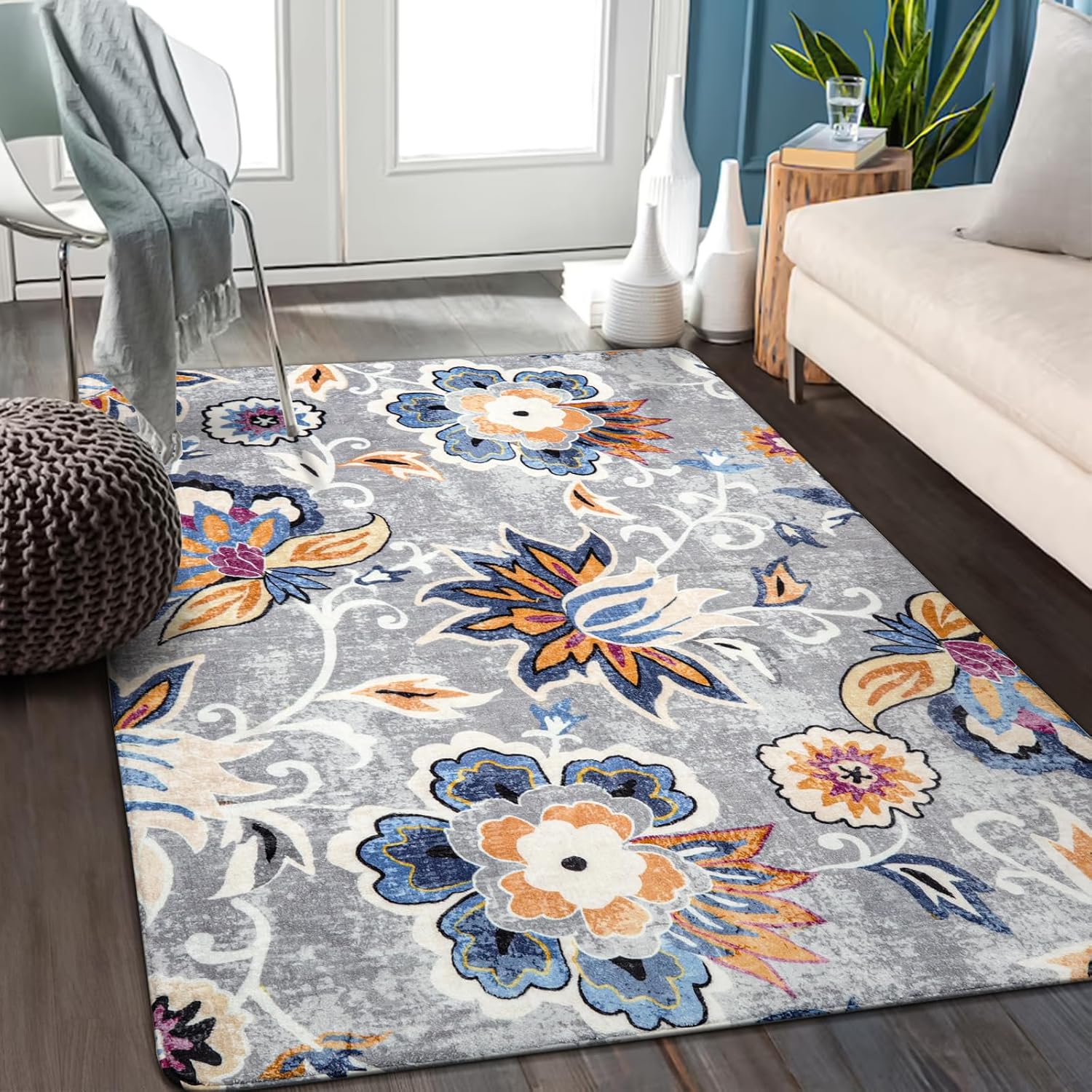 Rugs, Pads & Protectors - Lahome Floral Washable Carpet for Living Room - 3x5 Non-Slip Lightweight Kitchen Rugs, Throw Soft Small Area Rug for Bedroom Grey Paisley Print Aesthetic Rug for Entryway Bathroom Laundry Room Office