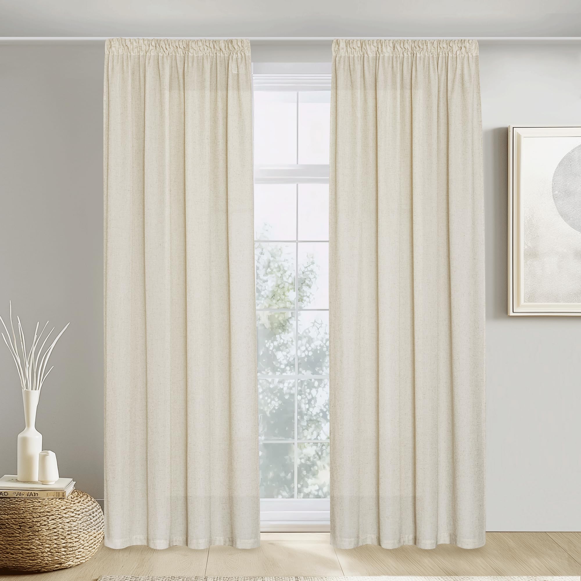 PONY DANCE Natural Living Room Curtains Pencil Pleat, Set of 2, Boho Curtains, Linen, Country House Style Panels for Rail System, H 200 x W 140 cm,