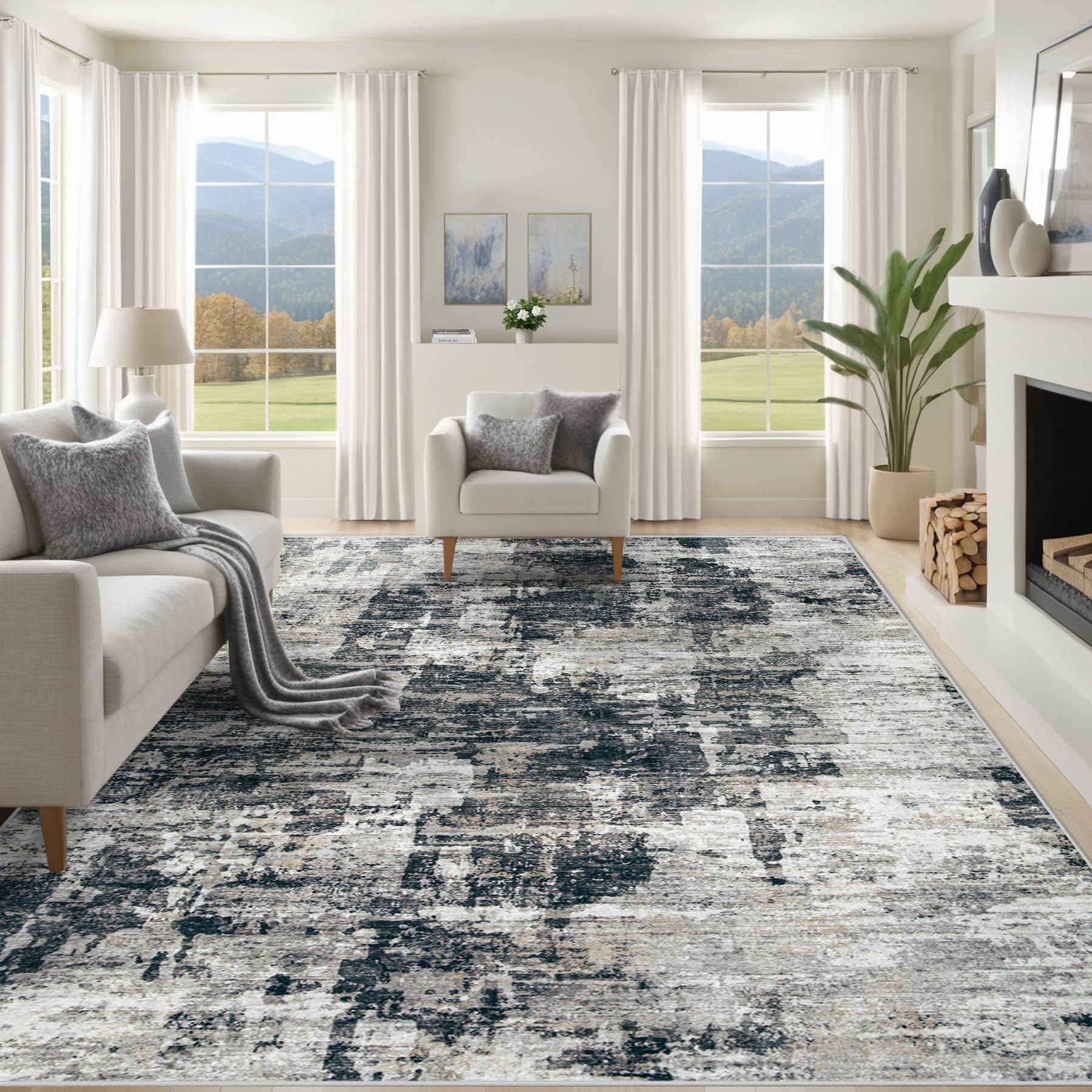 Photo 1 of 8x10 Area Rugs for Living Room, Washable Modern Abstract Large Area Rug Neutral Soft Non Slip Kids Rug Stain Resistant Indoor Carpet for Bedroom Nursery Dining Room Playroom Office(BlackGrey, 8'x10')