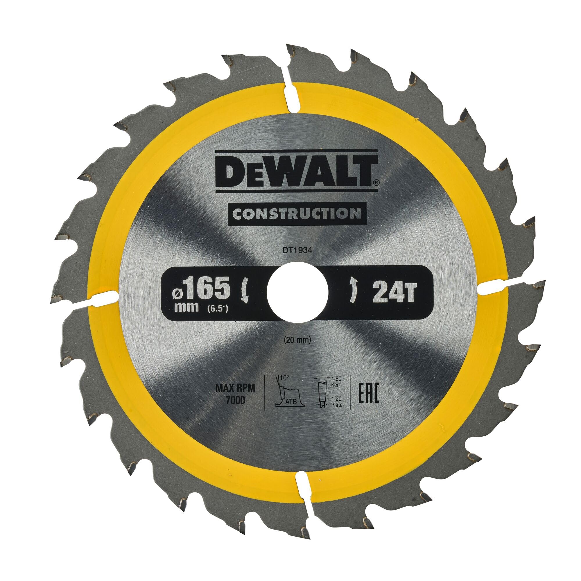 DEWALT DT1934-QZ Construction Circ Saw Blade, Yellow, 165 x 20 mm