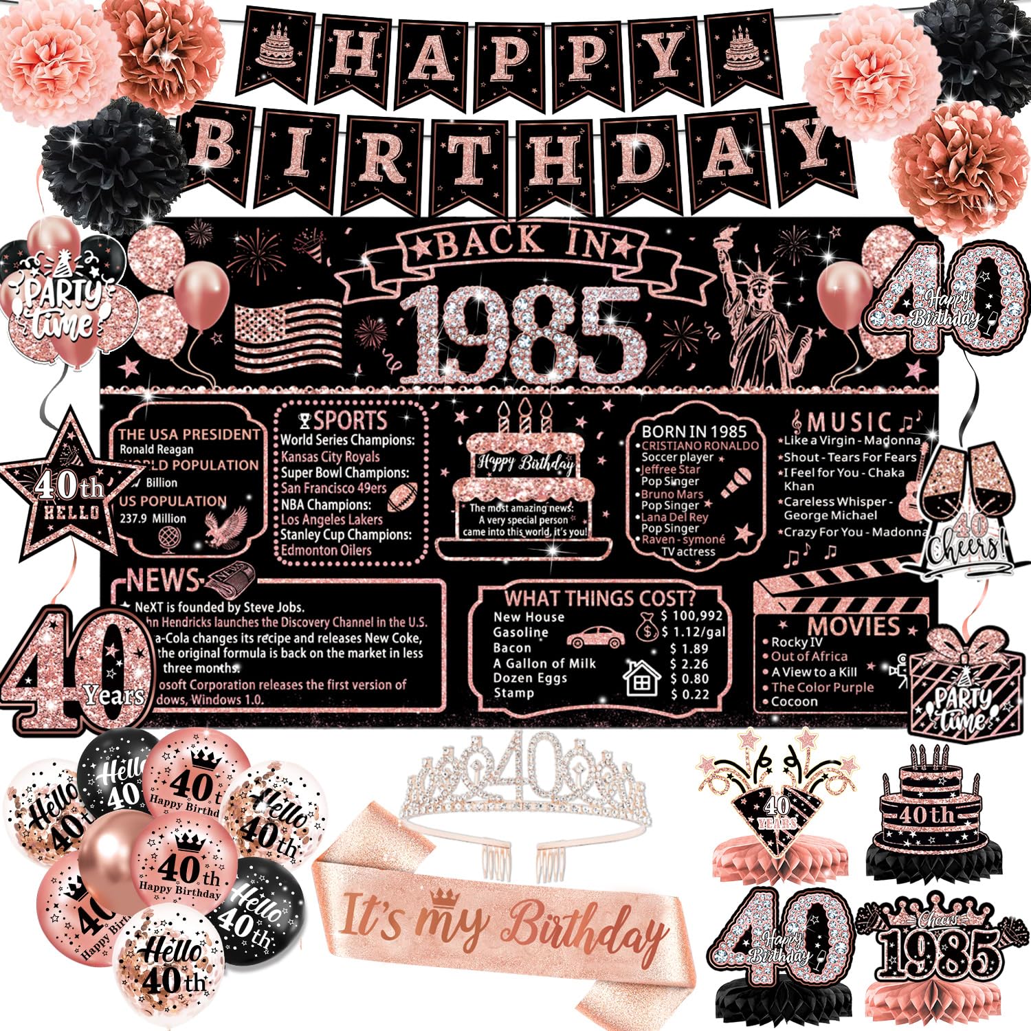 Photo 1 of *Missing Parts*
40th Birthday Decorations for Women – 59pcs Back in 1985 Party Supplies Backdrop, Banner, Honeycomb Centerpieces, Hanging Swirls, Foil & Latex Balloon, Cake & Cupcake Toppers, Sash, Pom Poms, Crown
