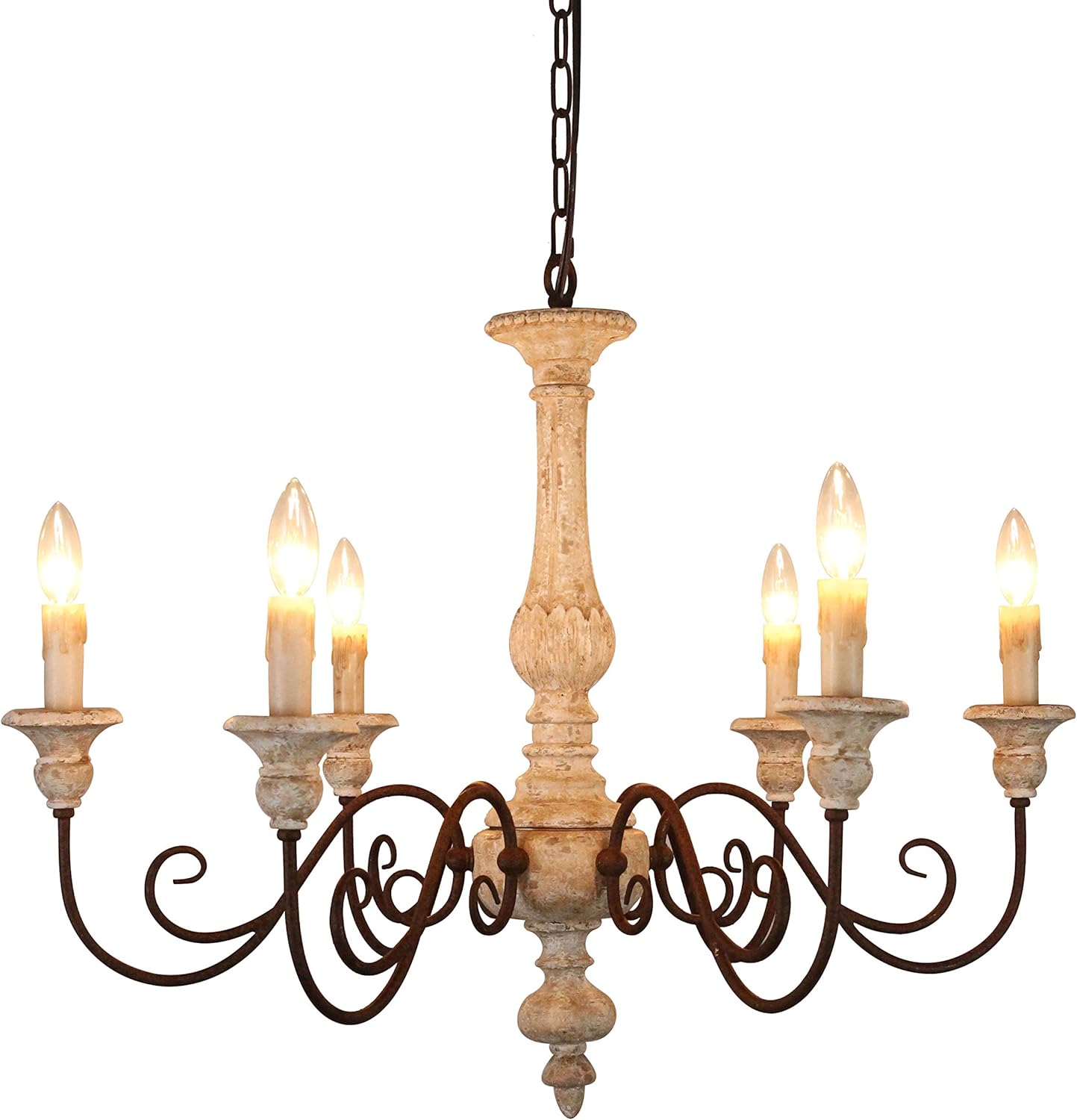 6Light French Country Wooden Chandelier, Shabby Chic Wood Chandelier