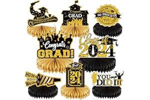 PARTYGARDEN 2024 Graduation Party Decorations - Black Gold Class of 2024 Graduation Party Decor Honeycomb Centerpieces for Tables Congratulate for 2024 Congrats Grad Party Supplies 8 Pcs