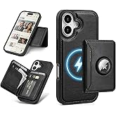 Antsturdy Compatible with MagSafe 2 in 1 Detachable Magnetic iPhone 17 Case Wallet with AirTag Holder,Men Women PU Leather RFID Blocking Credit Card Holder Slots Flip Cover Kickstand,Black