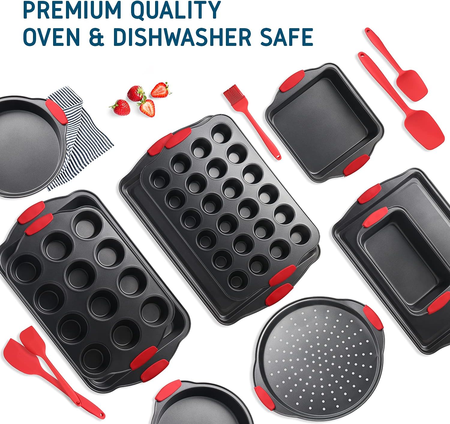 JoyTable Bakeware Set - 15 PC Baking Pans Set Nonstick Surface - Bakeware sets with Baking Pan, Oven Pan, Cookie Sheet, Baking Trays & More - Nonstick Bakeware Set with Silicone Handles & Utensils: Kitchen & Dining
