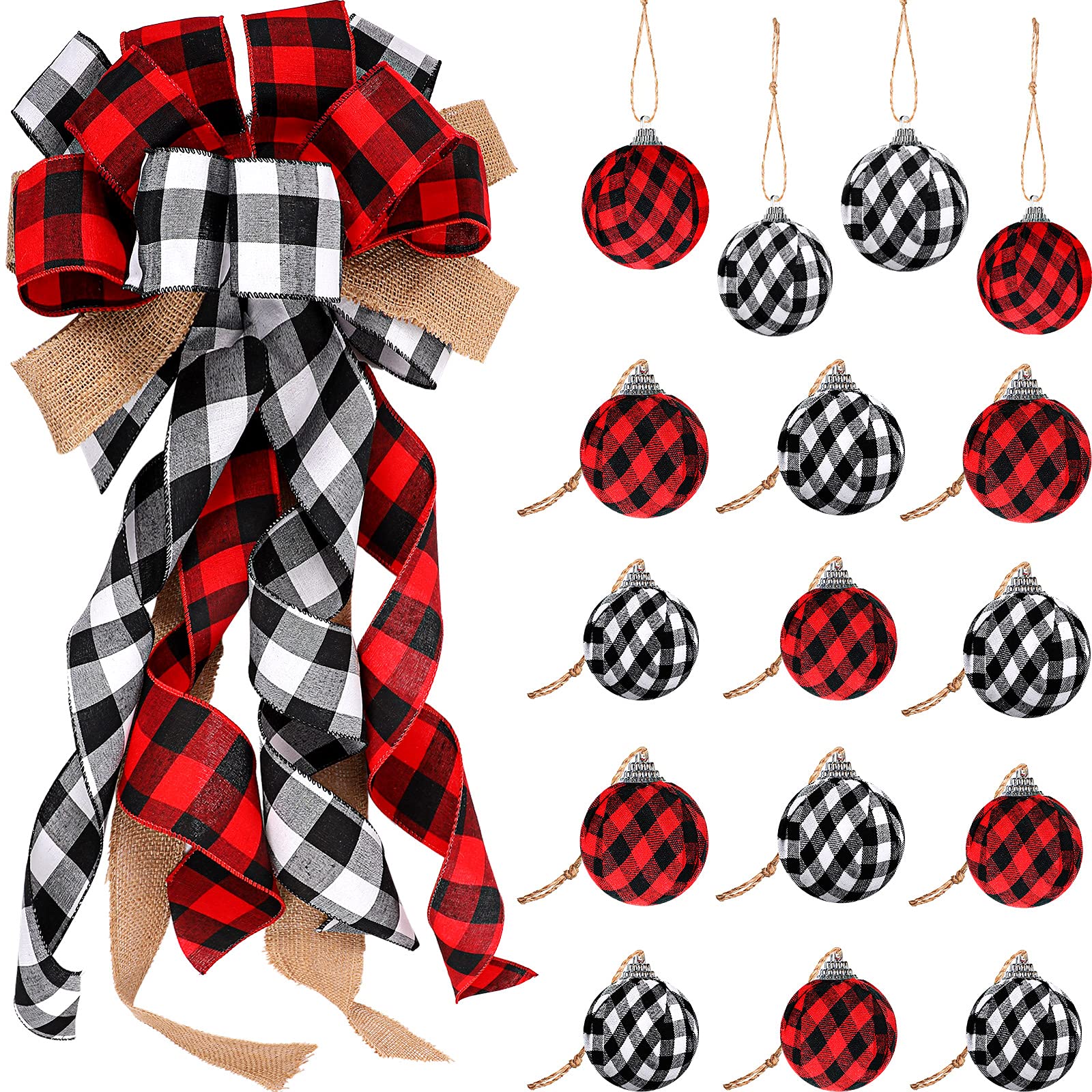 Buffalo Plaid Christmas Tree Topper Decor Wreath Bow Hanging Christmas Bow and 16 Pieces Buffalo Plaid Ball Ornament Hanging Fabric Ball(13 x 29.9 Inch,White, Black and Red)