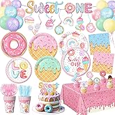 Sweet One Birthday Party Decorations Includes Plates, Napkins, Cups, Cutlery, Cake & Cupcake Toppers, Banner, Hanging Swirls, Tablecloth, Balloons for Girl Donut First Birthday Decorations, Serve 24