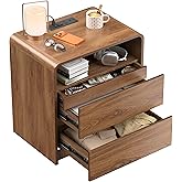 23.8" Modern Nightstand with Hidden Drawers Walnut Night Stand with Charger Station Mid Century Bedside Table Curved Wood Side Table for Bedroom Dorm