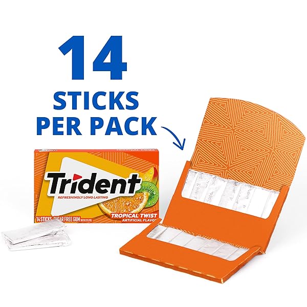 TRIDENT TROPICAL TWIST SUGAR-FREE CHEWING GUM, 3 PACKS OF 14 PIECES (42 TOTAL PIECES)