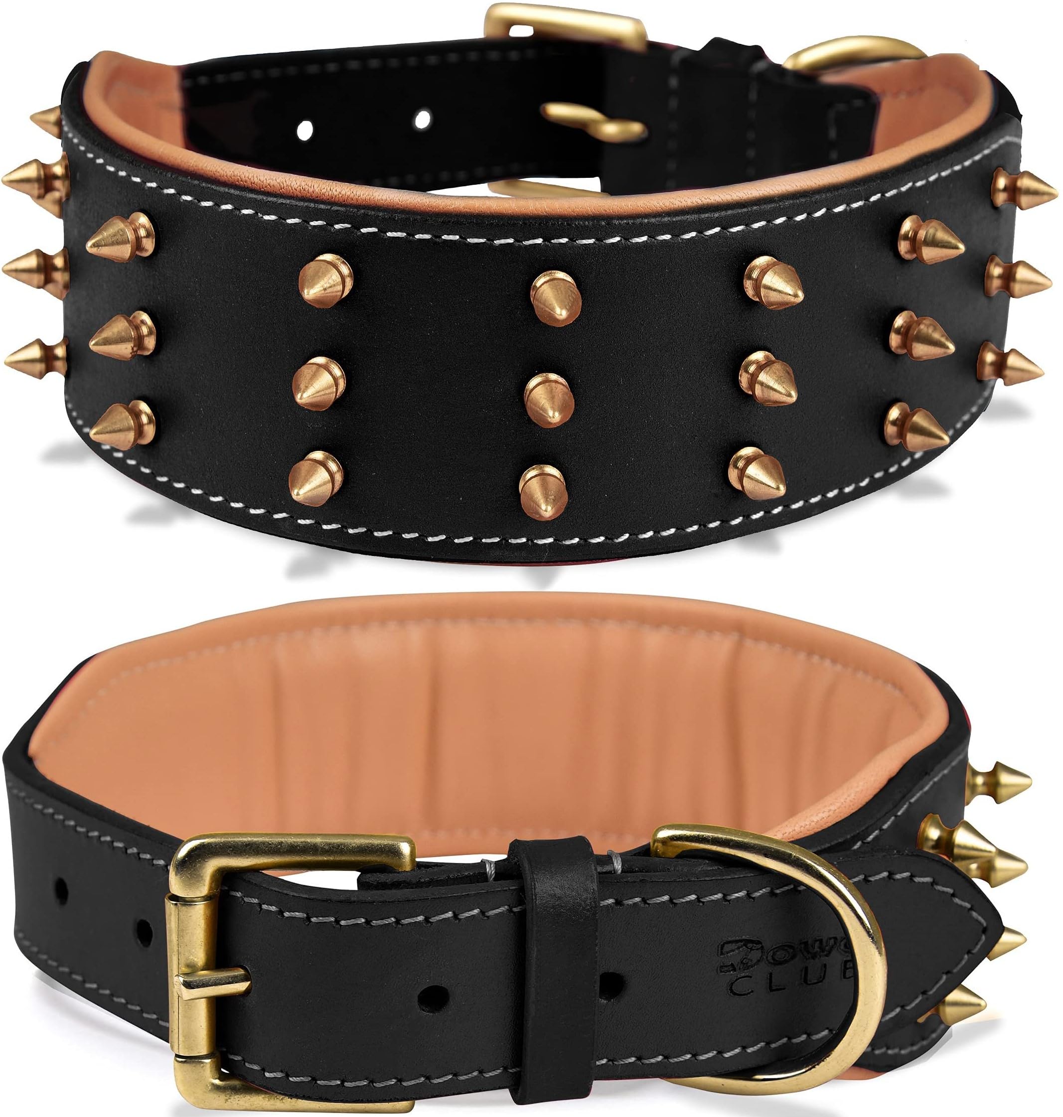 DowgClub | Genuine Leather Spike Dog Collar | Full Grain, Heavy Duty | Padded, Comfortable, Strong, Best for Large, X-Large Breeds | 2" Wide (XL (Fit Neck Size 21.5"-25.5"), Black - Gold Spikes) — image 1