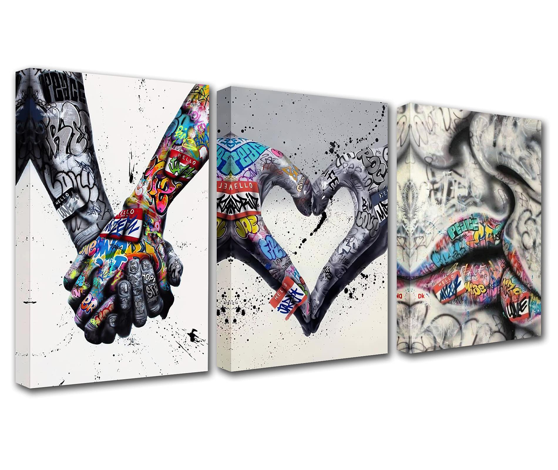 Norse Art Classic Street Art Banksy Graffiti Paintings Promise Holding Hands Wall Art Adam Hand of God Pop Pictures 3 Pieces Canvas Artwork t HD Prints Framed Giclee Ready to Hang Gift(48''Wx 24''H)