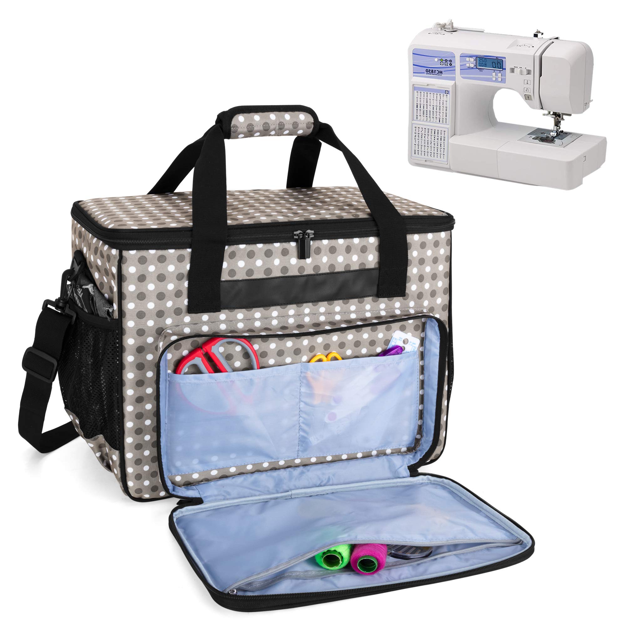 Teamoy Sewing Machine Case, Carrying Tote Bag Storage Organizer Compatible with Brother, Singer Sewing Machines and Accessories, Gray Dots