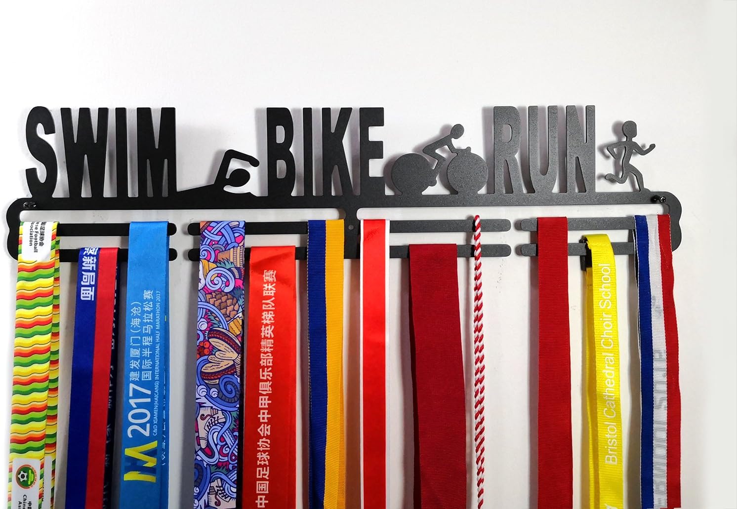 shangmaidianzi Sports Medal Holder Medal Hanger Display Triathlon Swim Bike Run Metal Carbon Steel Two Tiers Professional Wall Mount Black