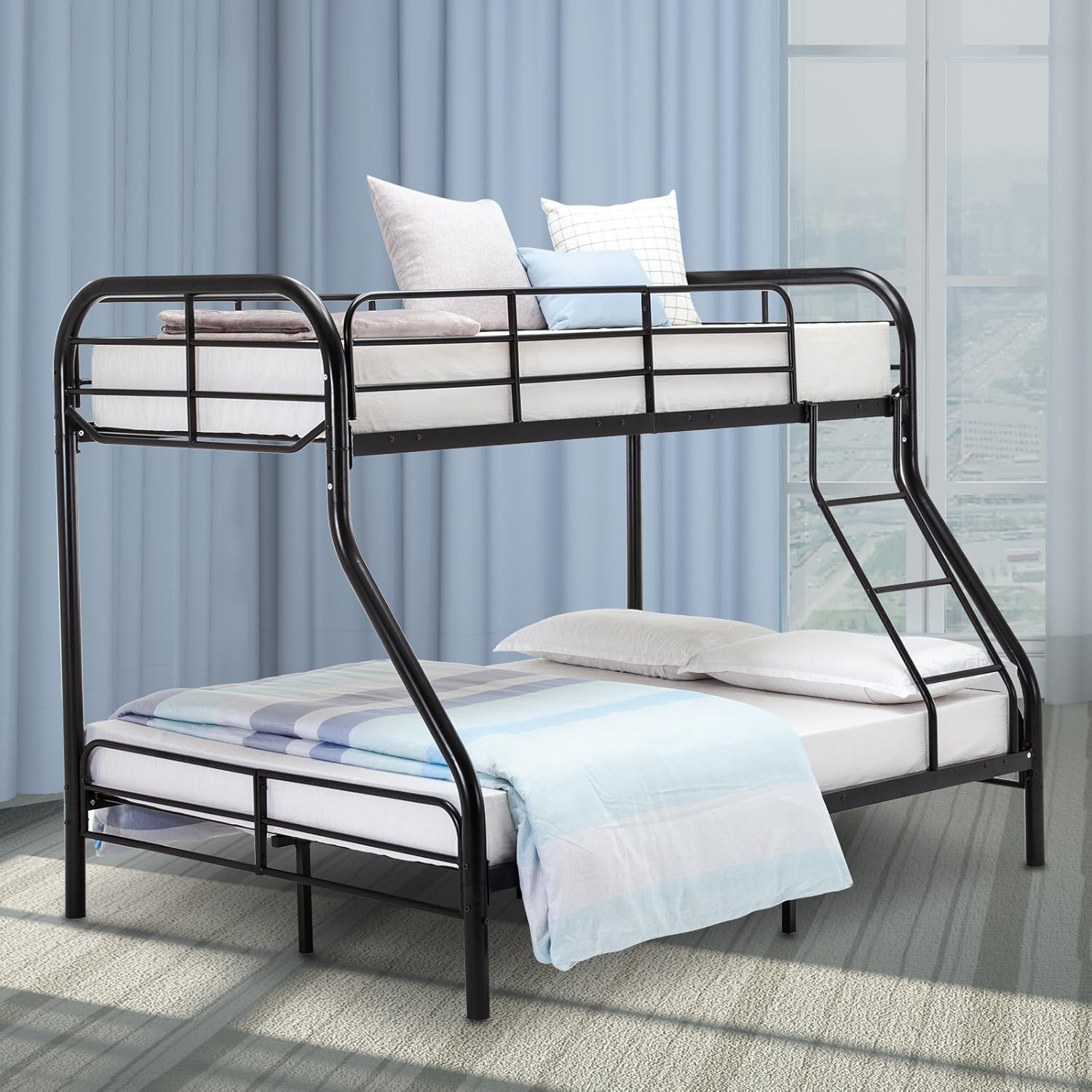 Lagrima Twin Over Full Metal Sturdy Bunk Bed Frame With Inclined Ladder Safety Rails For Kids Teens Adult Space Saving Design Black