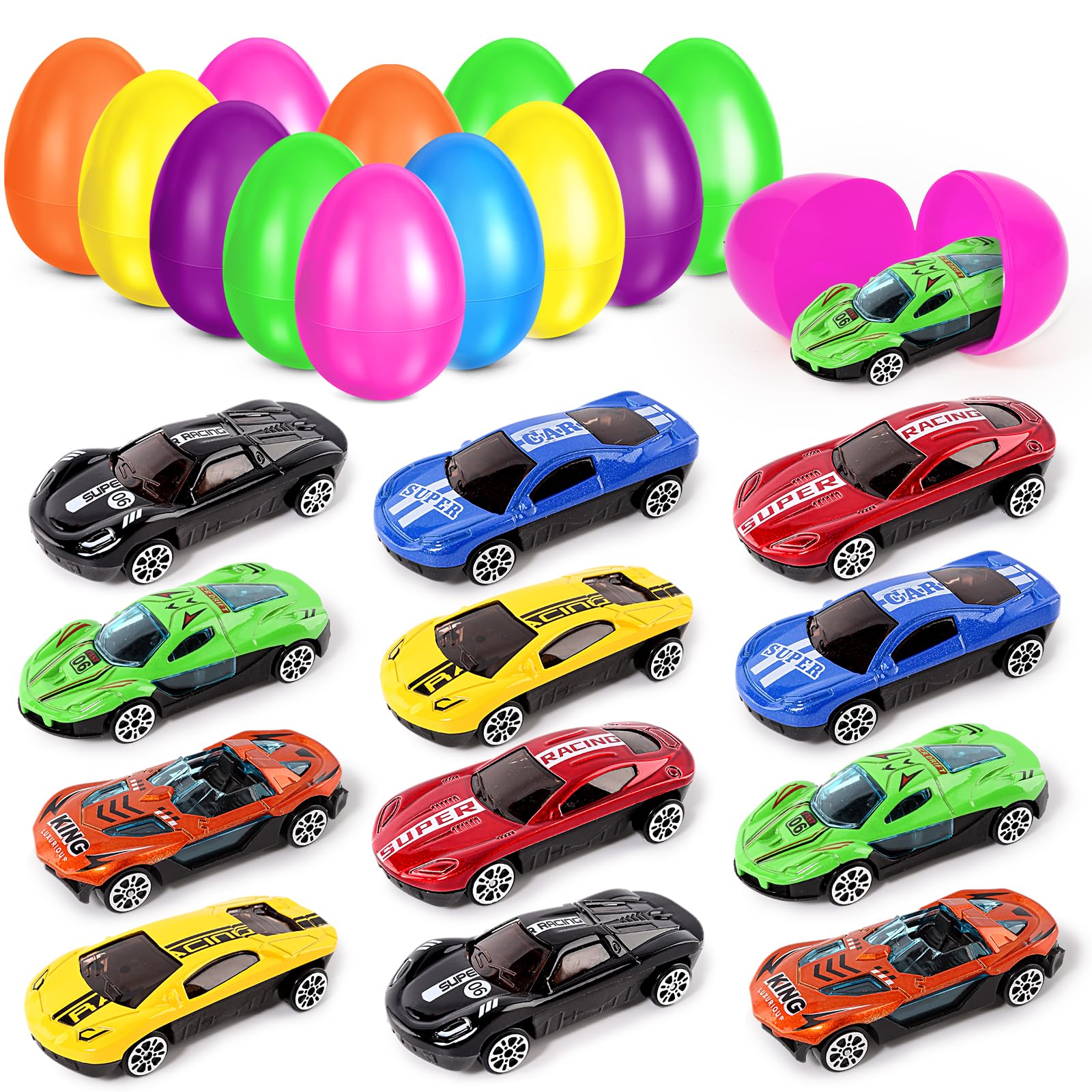 12Pack Prefilled Easter Eggs with Toys, Easter Eggs with Die-Cast Cars for Kids, Easter Eggs Filled with Toys, Easter Basket Stuffers, Easter Egg Hunt, Party Favor, School Reward Classroom Prizes