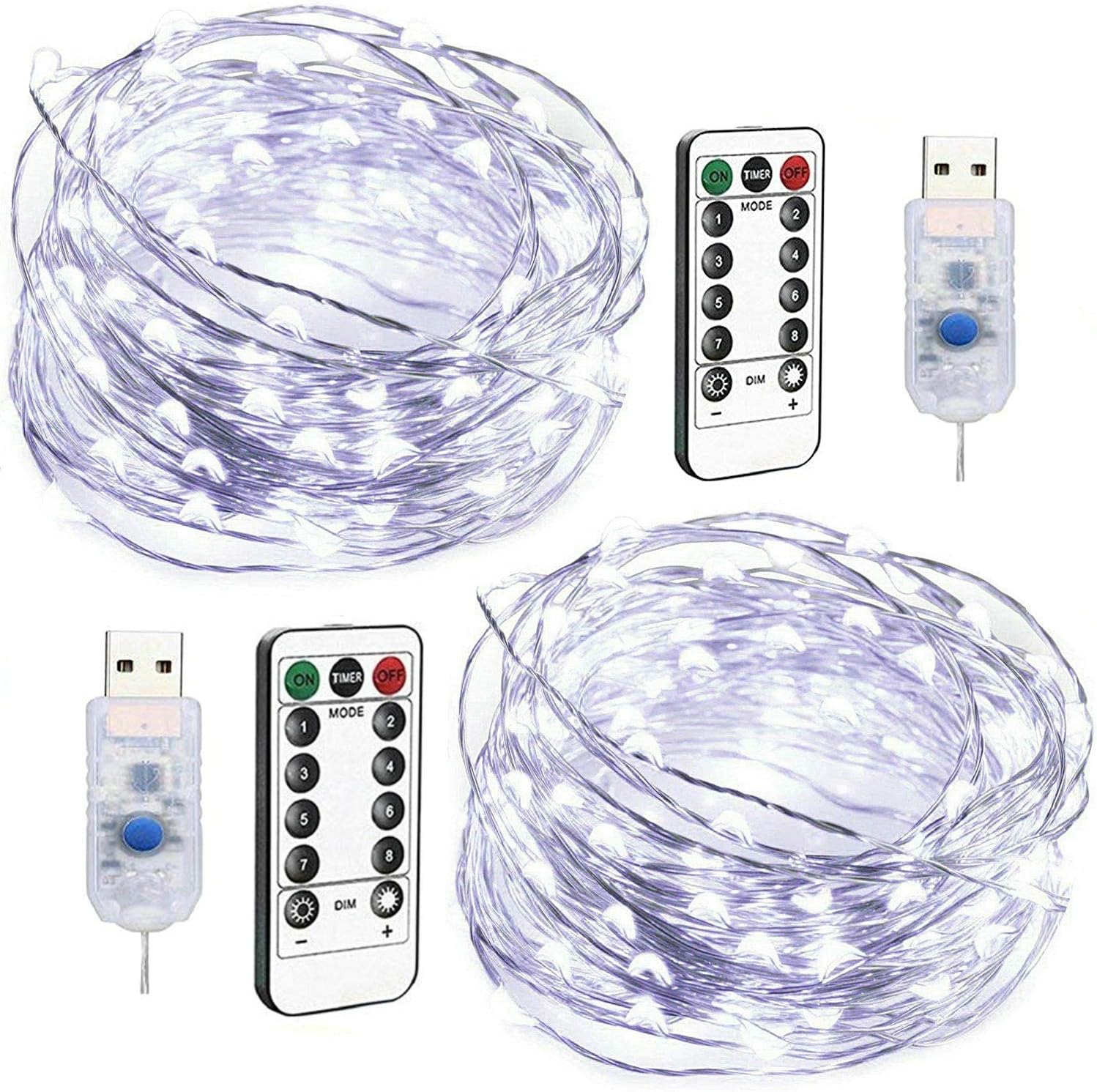 Holahoney USB Fairy String Lights, 2 Pack 100 LED 33ft Led String Lights, Firefly USB Plug in Starry Lights with Remote,Waterproof Copper Wire Decorative Fairy Lights for Valentine's Day (White)