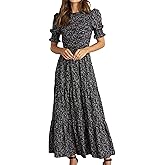 BTFBM Women Casual Summer Dresses 2026 Spring Crew Neck Ruffle Short Sleeve Smocked Floral Boho Flowy Maxi Dress Clothes