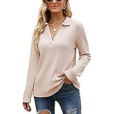 Famulily Womens Collared Long Sleeve Tops Loose Casual V Neck Shirts Blouses for Ladies