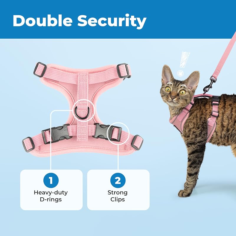 Voyager Ensemble harnais et laisse anti-fugue pour chat avec coutures réfléchissantes, poignée en néoprène de 1,5 m – Convient aux chats, chatons de petite, moyenne et grande taille,