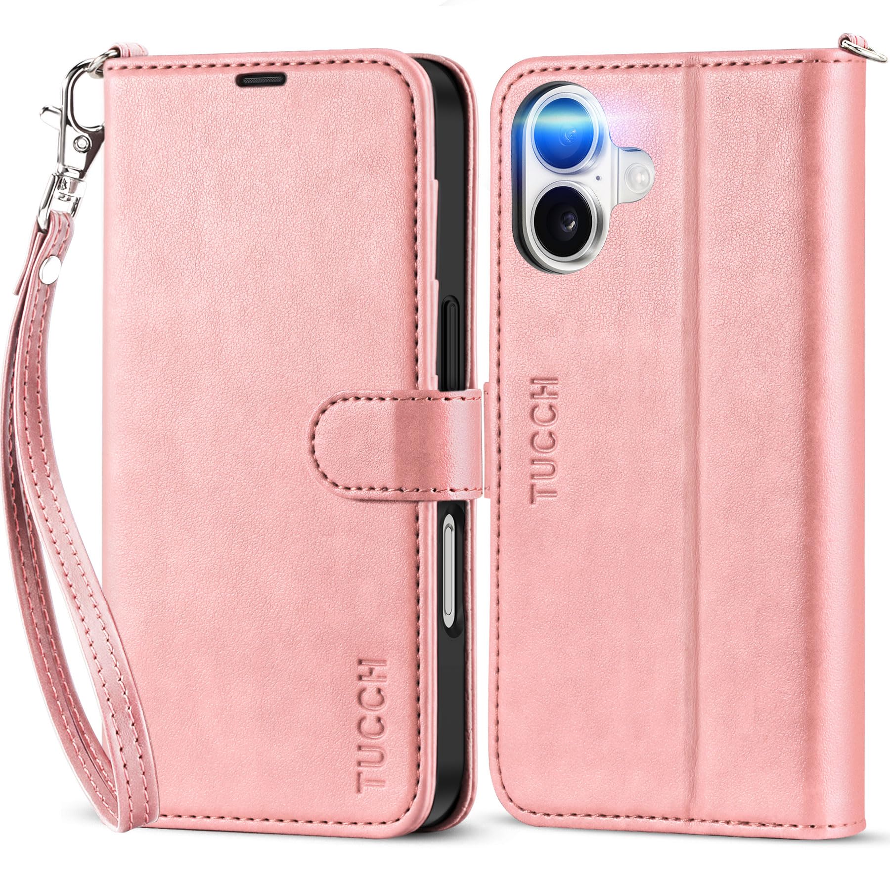 TUCCH Wallet Case for iPhone 16 5G, [Wrist Strap] Kickstand RFID Blocking 4 Card Slots Magnetic Closure, PU Leather Shockproof TPU Shell Compatible with iPhone 16 2024, Rose Gold with Wristlet