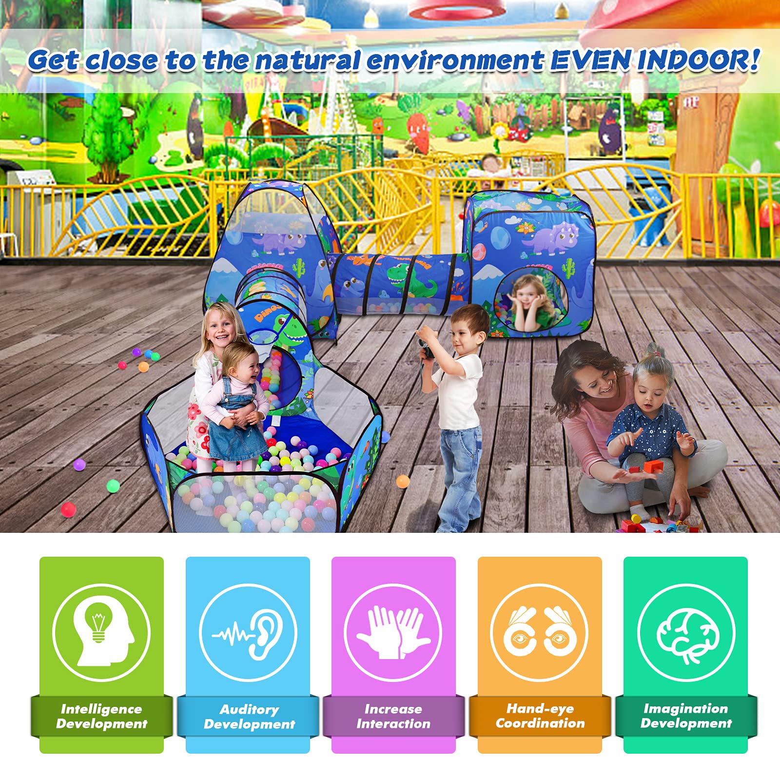 TTLOJ Gift 5PC Dinosaur Kids Play Tent with Ball Pit, Crawl Tunnel, Toddlers Playhouse Castle Toys, Baby Boys Girls Gift for 3 4 5 6 7 Years Old, Outdoor Indoor(Balls Not Included
