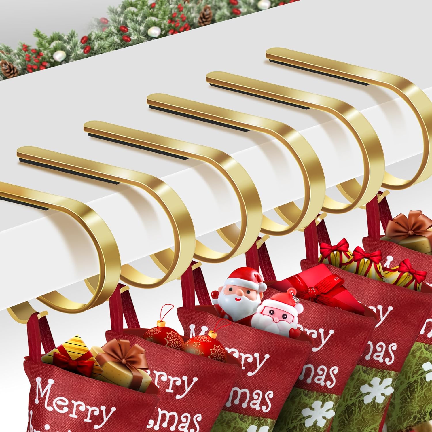 Stockings & Holders - Christmas Stocking Holders for Mantle Set of 6, Non-Slip Adjustable Stocking Holders, Stocking Hanger for Christmas Party Decorations (Gold)