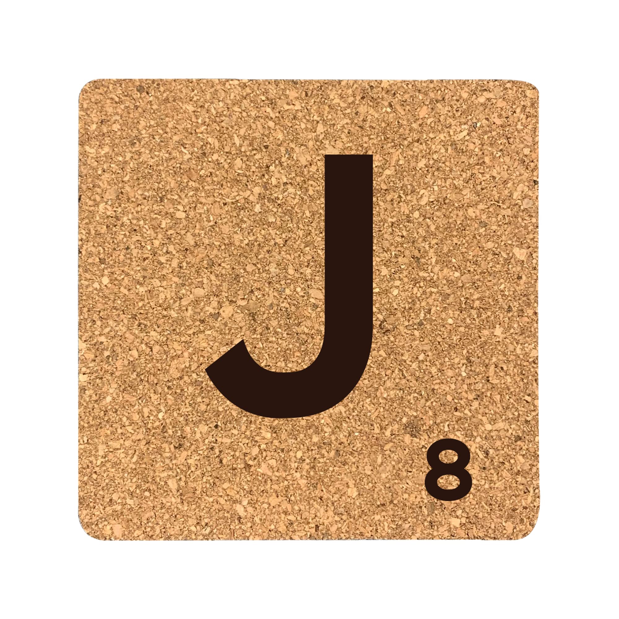 eBuyGB Scrabble Drinks Coasters, Square Cork Coaster, Individual Alphabet Letters, Scrabble Tiles with Score Marks - Personalise Your Own Scrabble Words (J)