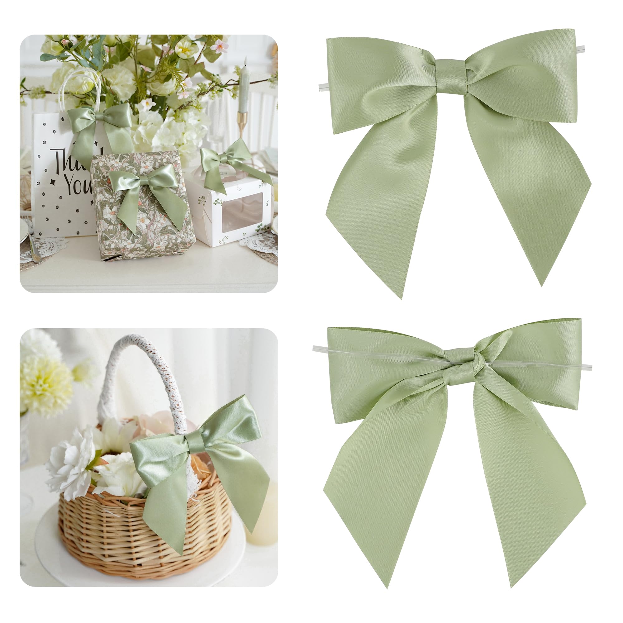 Photo 1 of AIMUDI Sage Green Satin Bows 5.5" Bows for Gift Wrapping Satin Twist Tie Bows Premade Ribbon Bows for Treat Bags Invitations Baskets Wreaths Crafts Wedding Birthday Baby Shower Decorations, 24 PCs
