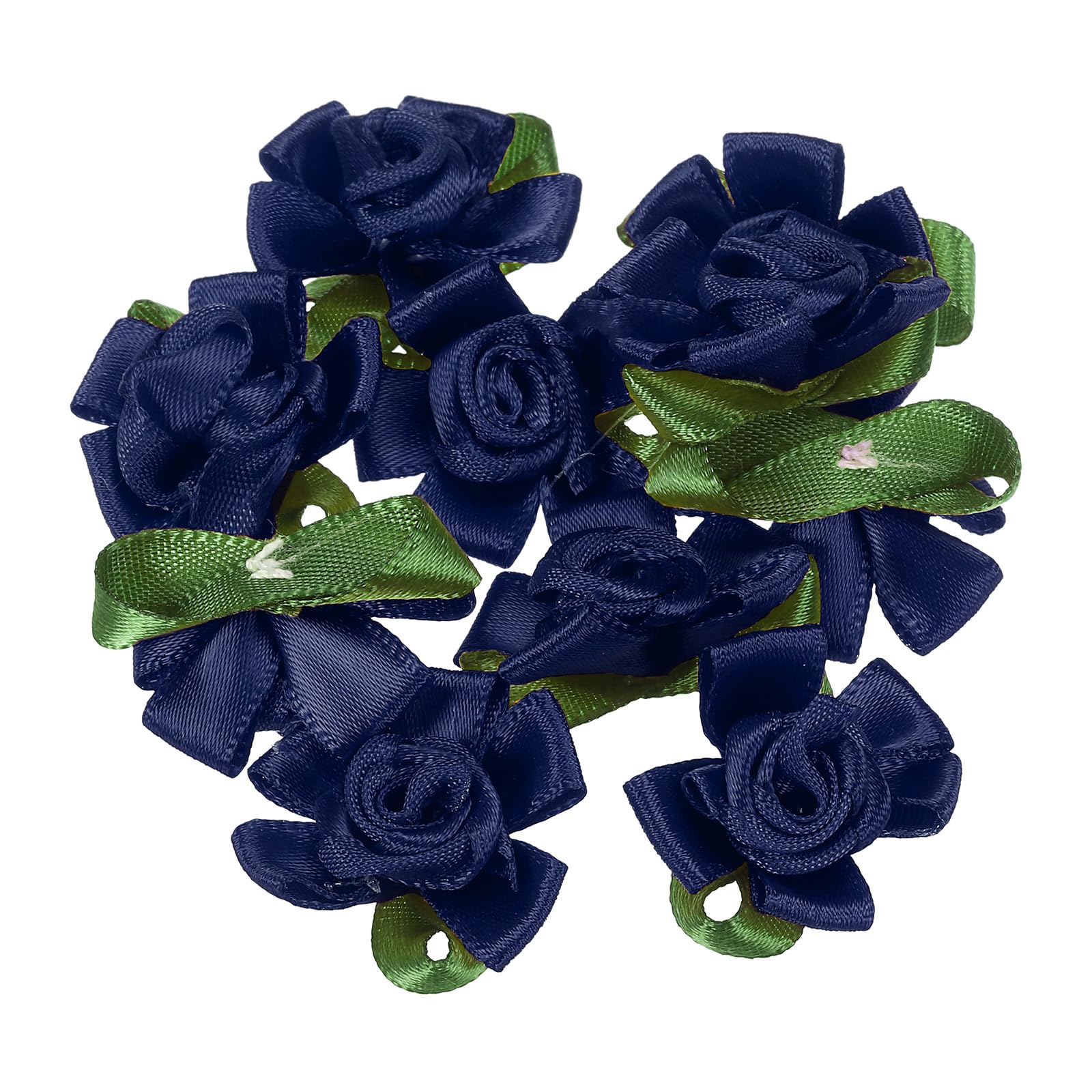 PATIKIL Mini Satin Ribbon Roses, 30 Pcs Small Rosettes Fabric Flowers with Green Leaves for Craft Projects Embellishments Applique, Navy Blue
