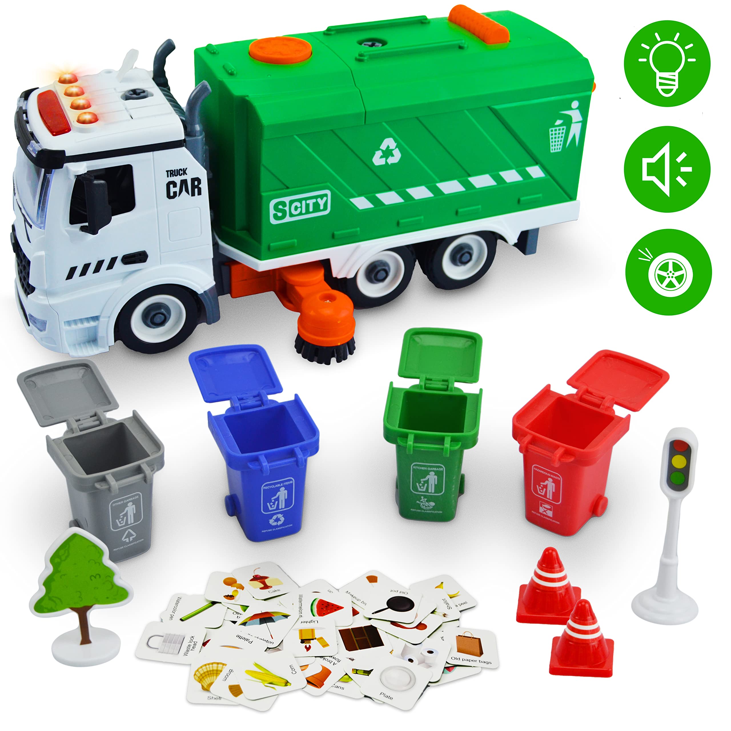 71 Pcs Take Apart Garbage Truck Playset - 1:12 Scale Push & Go + Electric Drill, Sounds & Lights, Road Signs Set, 4 Trash Cans & 40 Flash Cards for Learning - Recycling Truck for boys ages 4 5 6 7 8 +