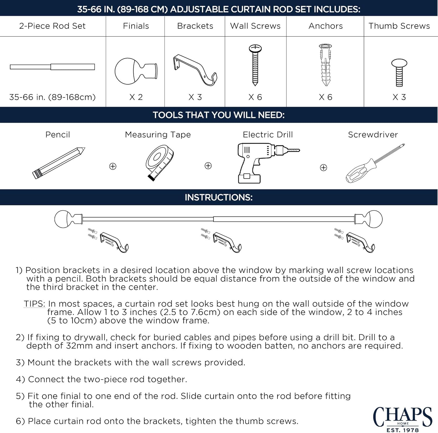 Chaps Urn ¾” Diameter Window Curtain Rod and Finial Set, 35"-66", Black: Home & Kitchen
